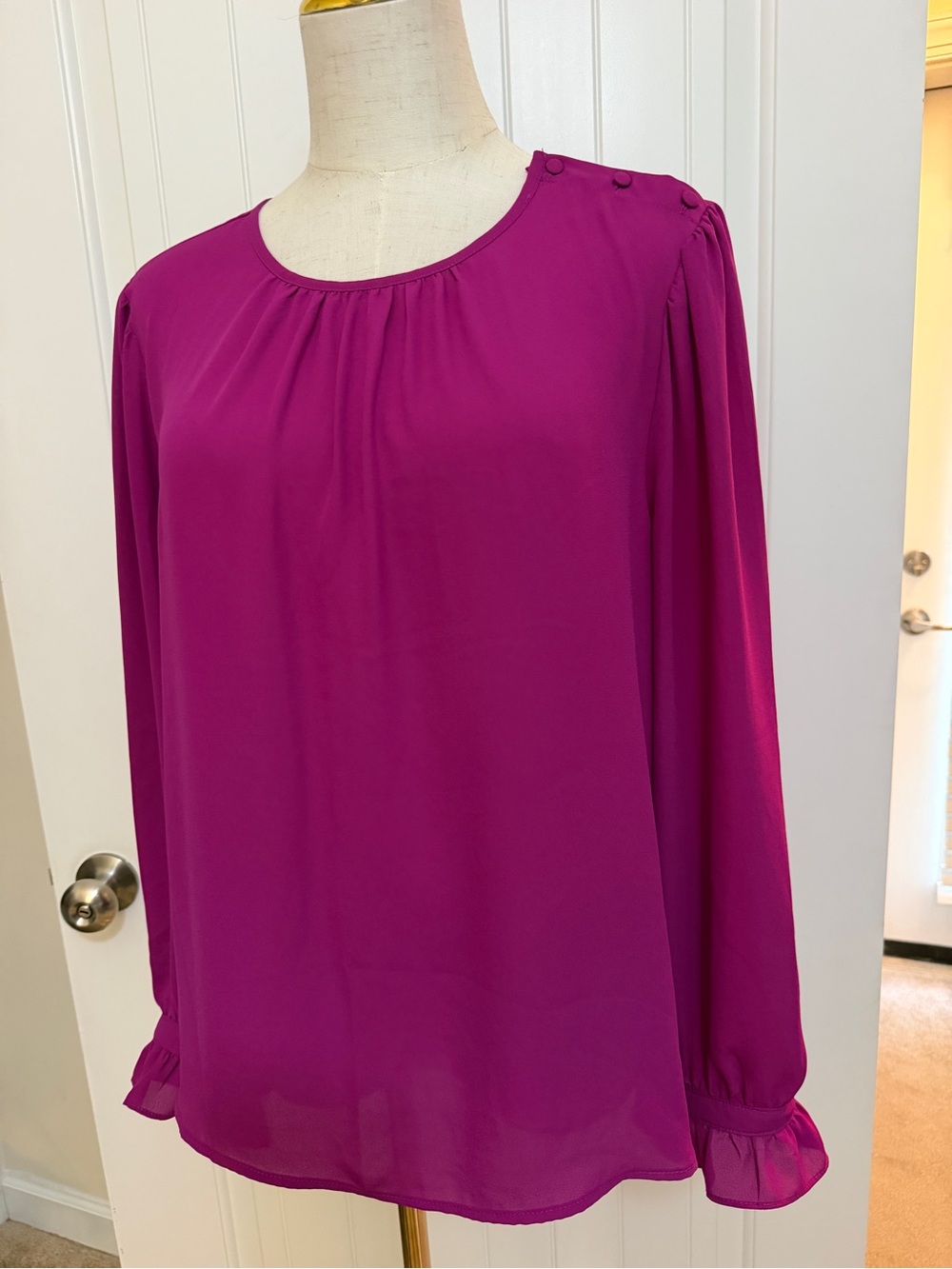 J. Crew Magenta Ruffle Cuff Long-Sleeve Blouse Sz XL
